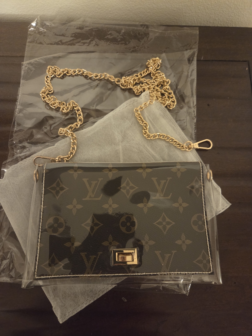 New, Stadium, Louis Vuitton Monogram Clear Patent Crossbody with Gold Chain